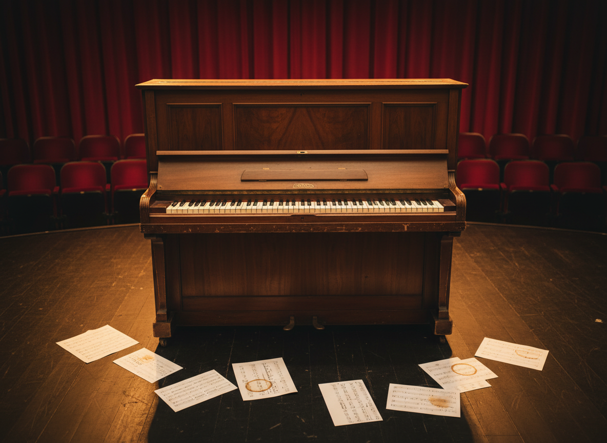 A grand, slightly worn upright piano in deep mahogany, its keys alternating between pristine ivory and a few subtly yellowed notes, stands center stage in a small, empty proscenium theatre. Red velvet curtains hang loosely behind, with soft folds catching the warm glow of overhead stage lights. Scattered, slightly crumpled sheet music lies on the polished wooden floor, some pages marked with bold pencil notes and coffee rings. Photographic realism, eye-level composition with a shallow depth of field keeps the piano in sharp focus while the rows of empty seats dissolve into a gentle bokeh. The mood is expectant and quietly electric, as if moments before a new British musical is about to be shared with an unseen audience.